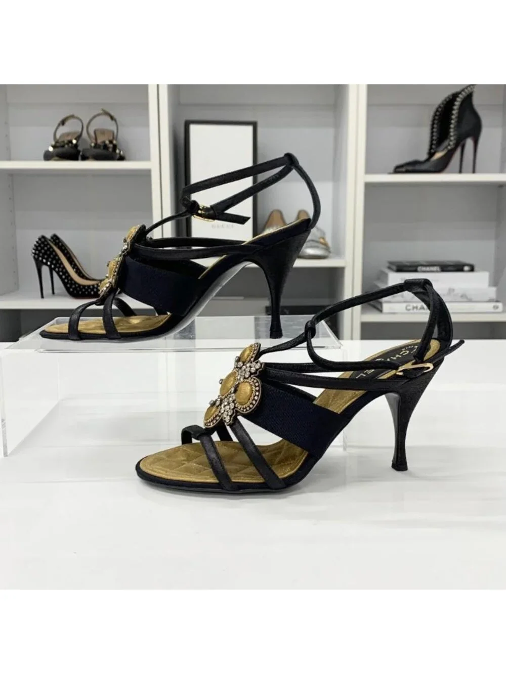 Chanel Leather Bijou Strap Sandals Black